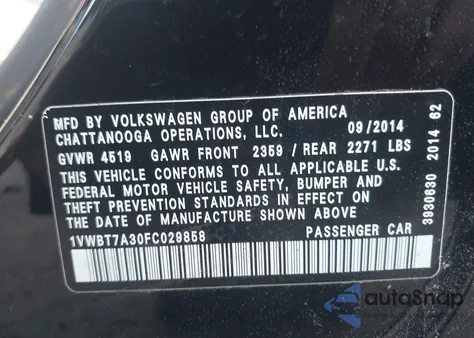 2015 Volkswagen Passat 1.8T Se из США, поврежденный, VIN 1VWBT7A30FC029858